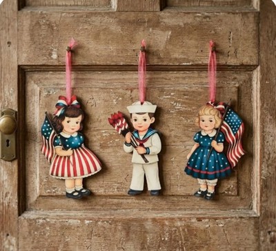 Vintage Americana Plywood Ornaments - Patriotic Wood Cutouts - Retro 4th of July
