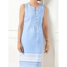 Talbots 100% Linen Blue Striped Hem Sleeveless Shift Dress Size 14