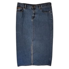 Eddie Bauer Denim Blue Jean Pencil Maxi Skirt Front Slit 100 Cotton Size 12