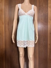 Vtg Kayser Babydoll Nightgown Womens XS/S Petite Green Lace Floral Nylon Dress