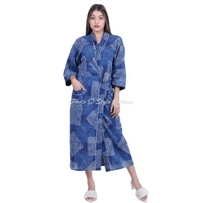 Indigoblau Kimono Morgenmantel Hand Blockdruck Winter Herbst Bademantel Braut...
