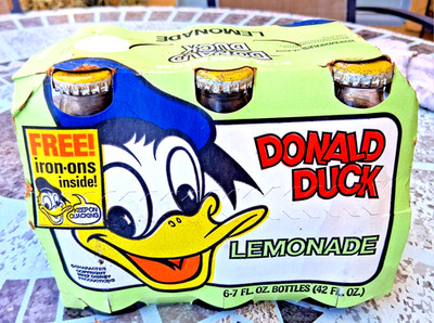 Vintage DISNEY 1970's DONALD DUCK Lemonade SODA Cola 6-Pack Bottles Advertising