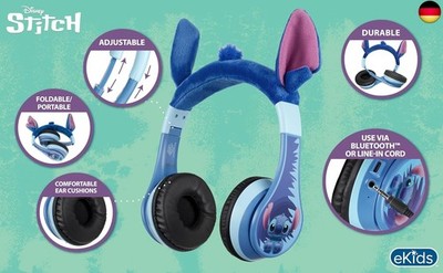 ekids Disney Stitch Bluetooth-Kopfhörer, kabellose Kopfhörer mit Mikrofon, i