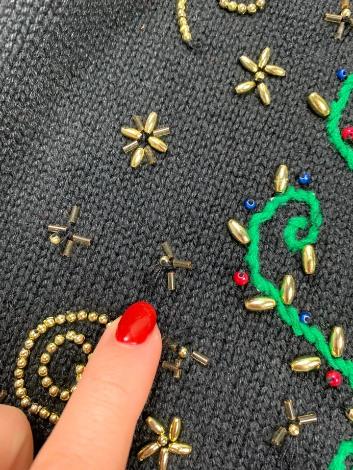 Vintage Christmas Vest Womens XL Black Beaded Tree Rocking Horse Holiday Cottage - Image 4 of 4