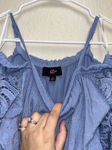 Iz Byer Girls Blue Romper Medium 12 Youth Lace Tie Cold Shoulder Sleeves - Picture 3 of 4