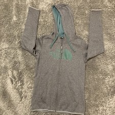 North Face Hooded Zip Sweatshirt Gray Green Spellout Hoodie Womens Small