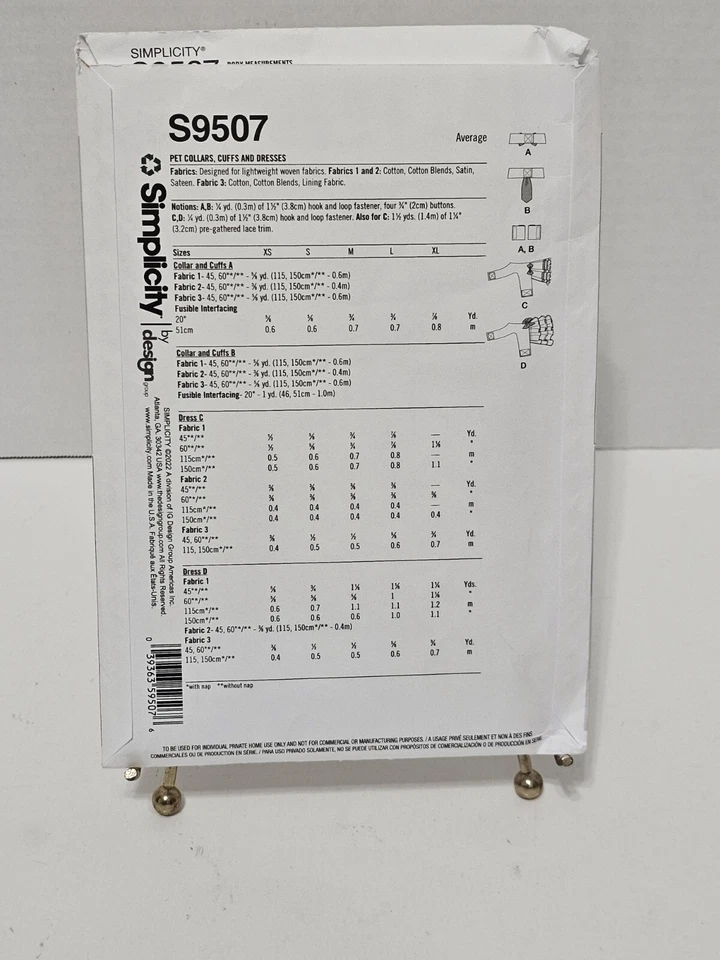 Simplicity #S9507 Sz XS-XL Pet Collars, Cuffs & Dresses Uncut Factory Folded - Image 3 of 4