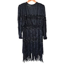 Vtg 80s Judith Ann Creations Cache Flapper Style Full Beaded Dress Black Small