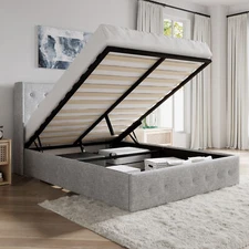 Lift Up Storage Platform Bed Frame, Button Tufted Wingback Headboard, Light Grey