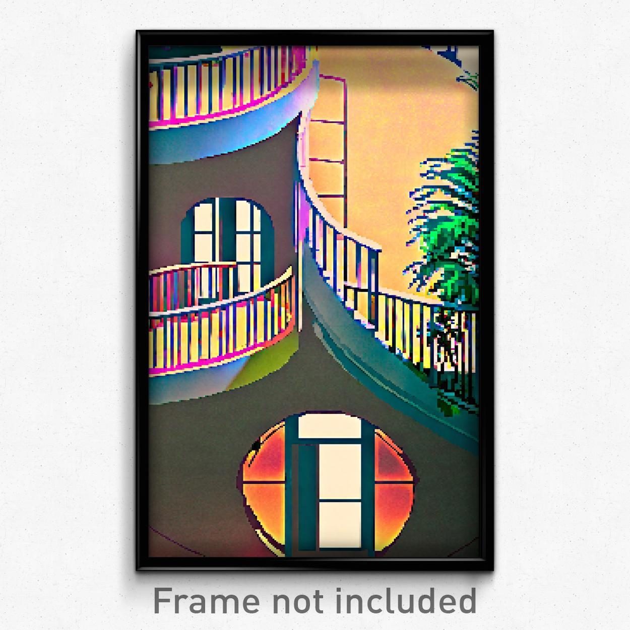 8 Bit Psychedelic Pixel Art Poster - Circular Balcony Trippy Video Game Print