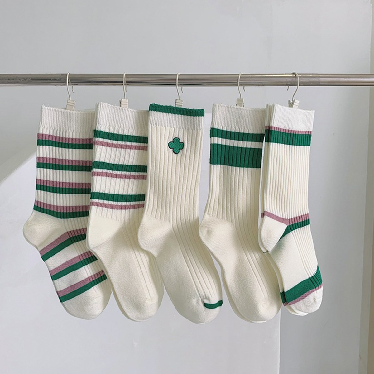 girls' casual & dress socks 5 Pairs Women Girls Cotton Socks Lot Campus White Stripe Casual Dress Socks