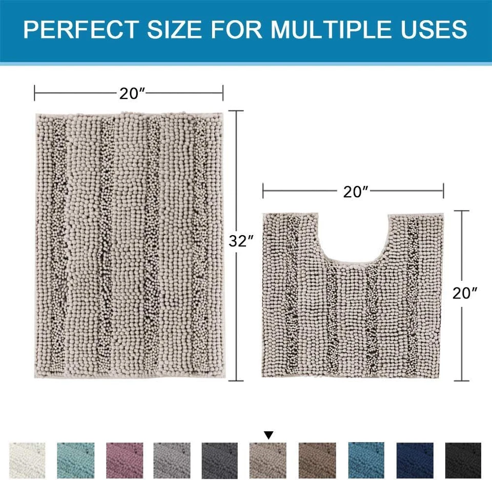 Juego de alfombrillas de baño extra gruesas de chenilla antideslizantes a rayas suaves absorbentes Foto 2 de 4