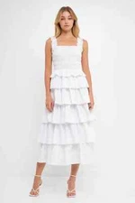 ENGLISH FACTORY Smocked Bust Multi Ruffled Maxi Gown WHITE WOMENS M MEDIUM NEW