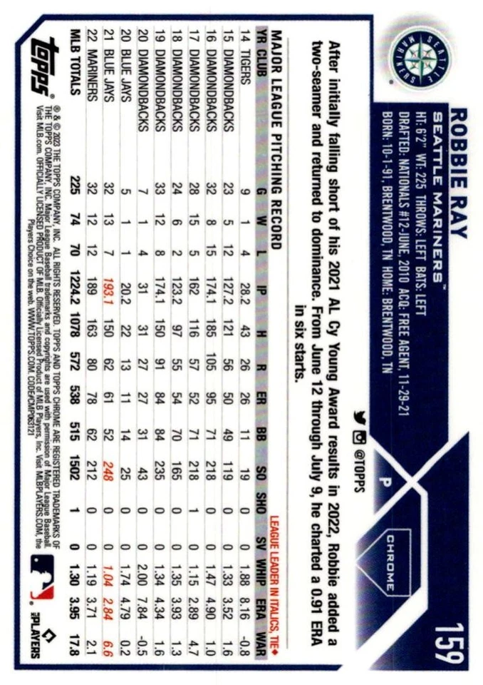 2023 Topps Chrome Robbie Ray Seattle Mariners #159 - Image 2 of 2