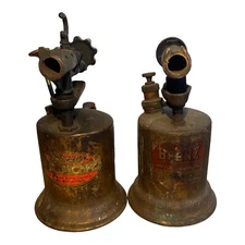 Antique Lot Of 2 Brass/Copper Blow Torch Tools Wizard/Otto Bernz Wood Handles