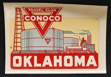 Autocollant décalcomanie de voyage souvenir club de voyage Conoco vintage années 40, raffinerie Oklahoma