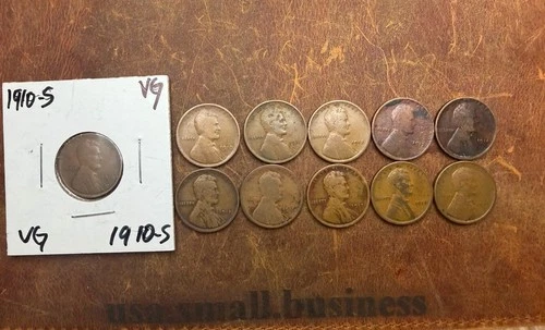 1910-S Lincoln Wheat Cent Key Date + 1910-1919 P Teens Date Run Lot 11 Coins VG