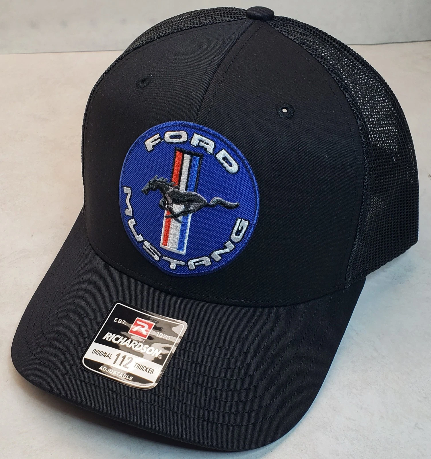 Ford Mustang Embroidered Patch on Richardson 112 Trucker Hat Black/Black