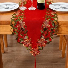 Christmas Embroidered Table Runner Cutwork Green Leaves Holiday Table Linens ...