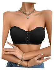 Women's Strapless Bra Front Closure Wireless Push Up Bandeau Bra Large Black