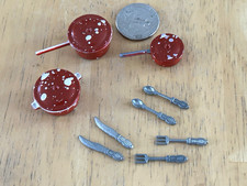 VINTAGE RED SILVER CAST METAL DISH COOKING SET DOLLHOUSE MINIATURE