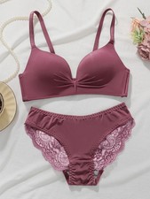 Lace Bra Set Wireless Push Up 3 4 Cup Adjustable Strap Soft Comfort Fit