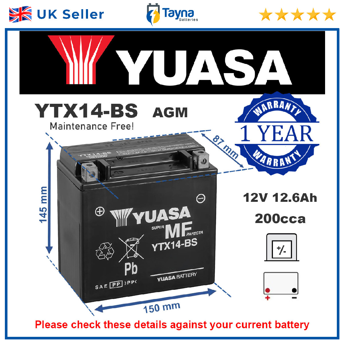 AGM Motorcycle Battery for Benelli Adiva 150 125 Sport Genuine YUASA