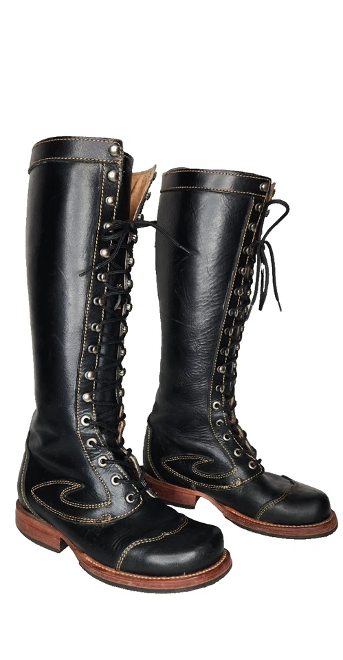 Botas John Fluevog Frontiers Sundance de cuero negro con cordones hasta la rodilla de colección 6,5 7 Foto 3 de 4