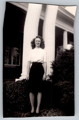 Vtg B&W Snapshot Smiling Woman Curly Hair White Blouse Skirt Columns 1940s