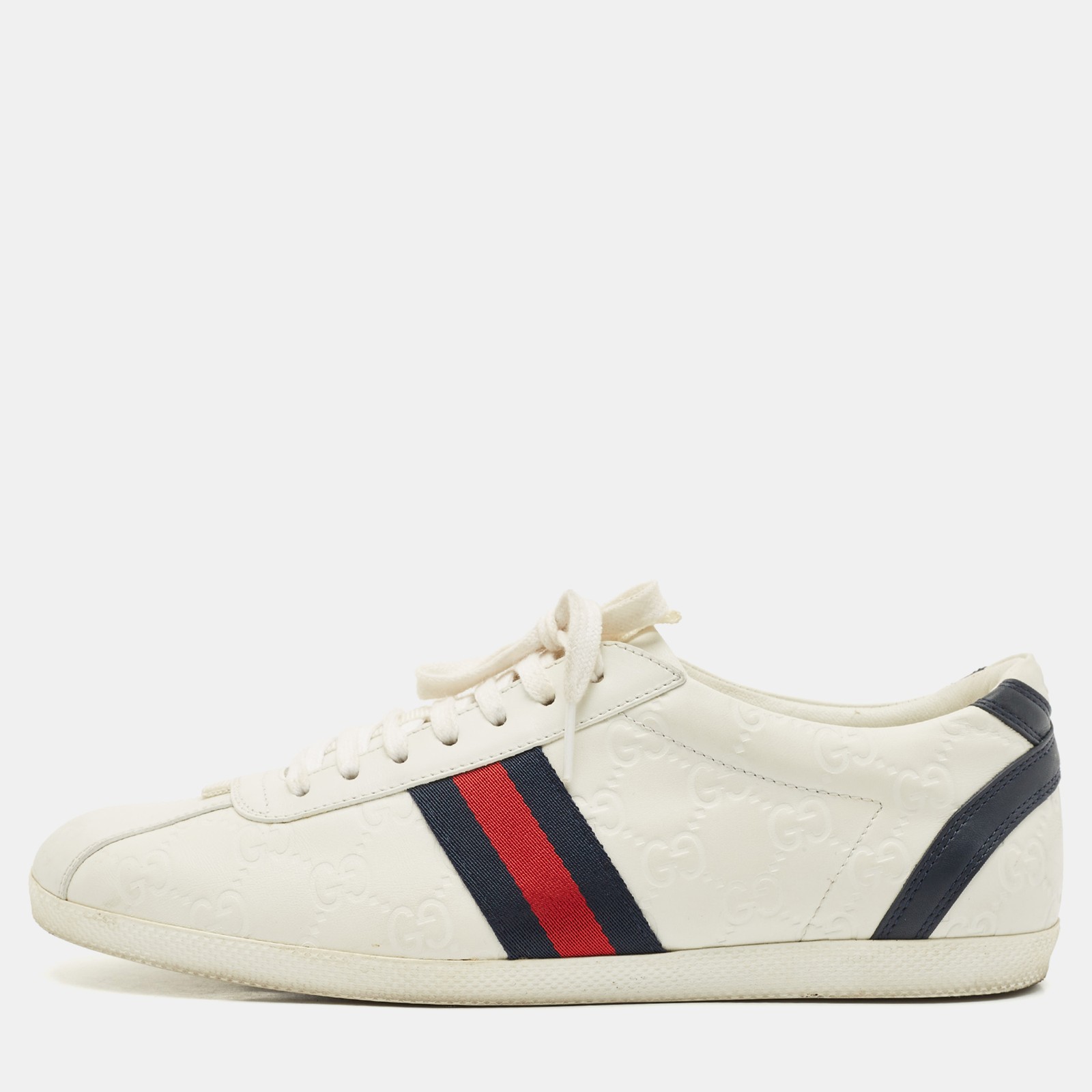 Gucci Ace Low Top Sneakers in White Leather with Web Detail Size 40.5