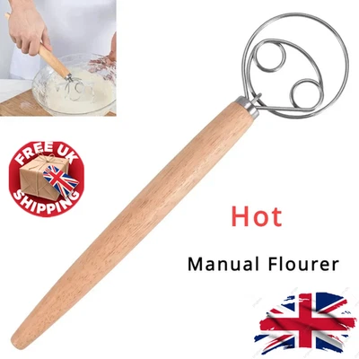 Danish Dough Whisk Stainless Steel Dutch Bread Mixer Wooden Handle Baking Tool