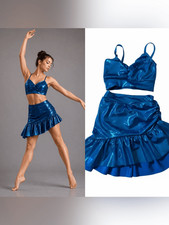 Kelle solo dance costume blue metallic foil 2 piece Contemporary Jazz LC NEW