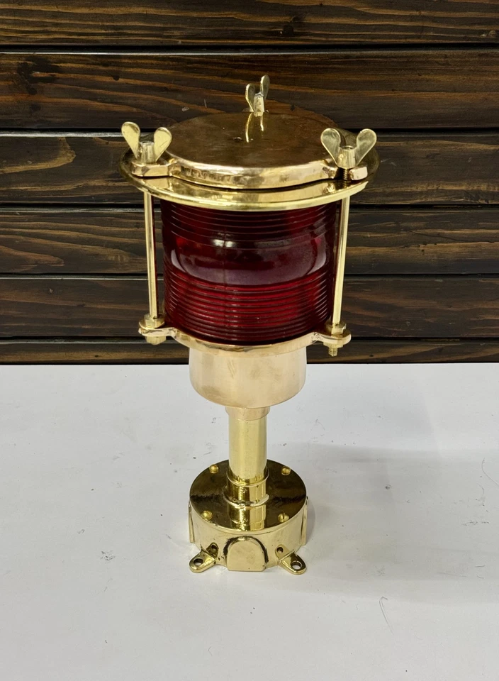 Old Brass Electric Marine Lamp | Restored Nautical Cargo Ship Light - Red Glass - Image 2 of 4