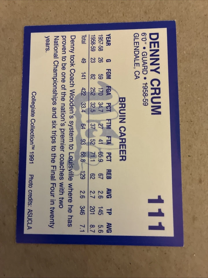 Denny Crum AUTOGRAPHED 1991 COLLEGIATE COLLECTION BASKETBALL CARD SIGNED UCLA - Image 2 of 2
