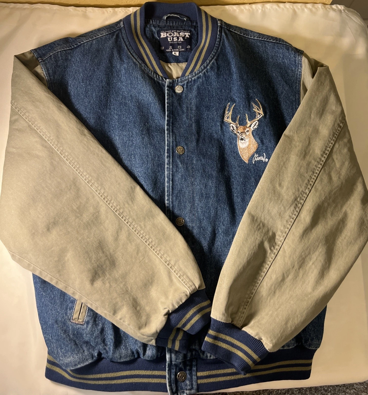 Vtg Denim Bomber Jean Jacket By Boast USA Sz XL Embroidered Deer Buck Hong Kong