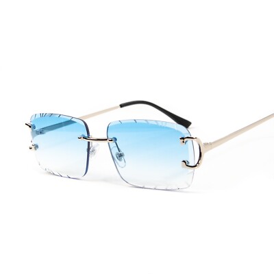 Men's Rimless Luxury Hip Hop Baby Blue Tint Silver Frame Rectangle Sunglasses