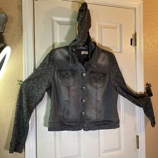 Lei Women Juniors Xl Jean Jacket Knit Sleeves Hooded Hoodie Buttons (stained)