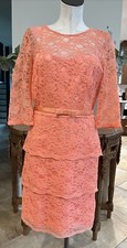 Tahari Women 8 Peach Lace 3/4 Sleeve Belted Layered Skirt Sheath Dress BB