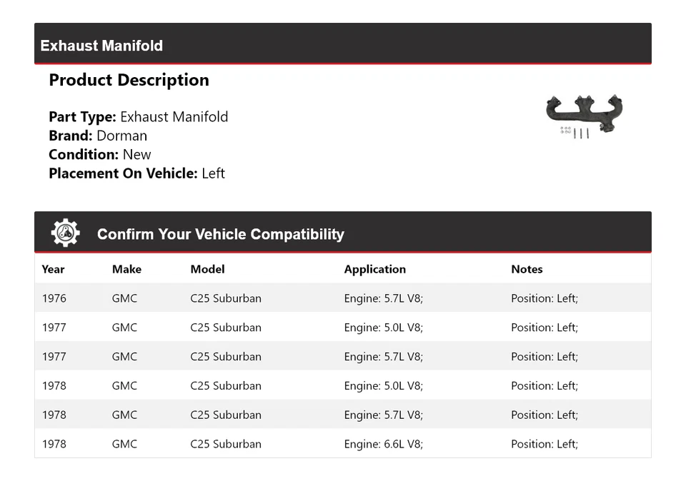 Colector de escape izquierdo 1977 para GMC C25 Suburban Dorman 1976-1978 Foto 2 de 4
