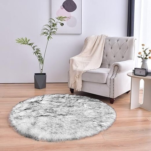 duduta Emerald Round Faux Sheepskin Fur Rug 4x4 Fluffy Shaggy Circle Rug - Picture 6 of 6