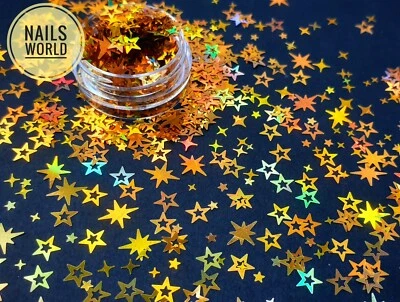 NAILS WORLD S12.Mix Gold STAR Nail Art Holographic 3D Glitter Sequins Xmas Manicure Craft UK