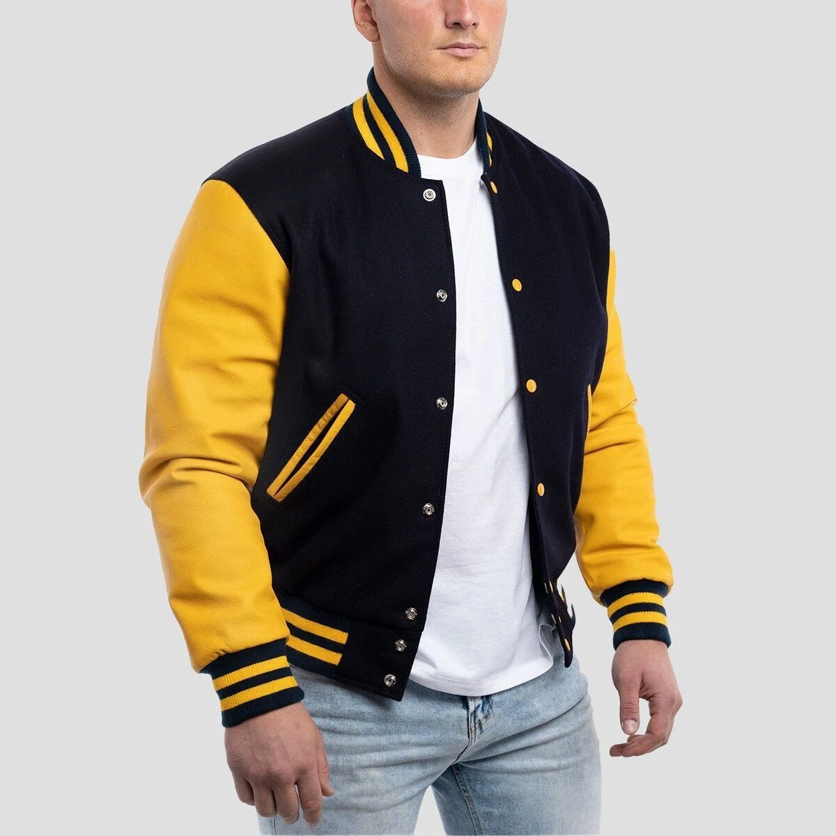 Men's Varsity Jacket - Classic Letterman Style, Navy Wool & Lemon Leather Sleeve