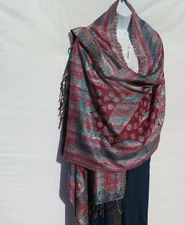 Viscose |Shawl/Wrap |Jamawar Design |Handloomed in Kashmir | Red & Light Blue