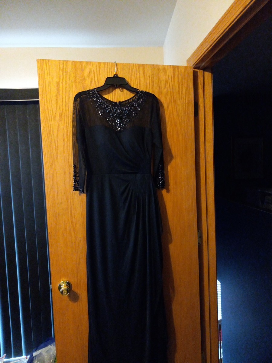 Womens Patra Long Navy Blue Sequin Gown Sheer Sleeve Lined 80% Poly 20  Spandex 8 | eBay
