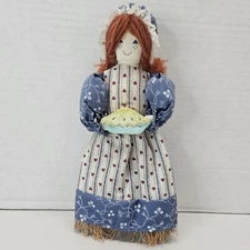 Red Hair Mini Broom Doll 8.5" Holding Pie Vtg Country Kitchen Decor Wall Hanging