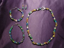 Vintage Colorful Crafted Flower Coin Beads Necklace, Bracelets & Earring Set