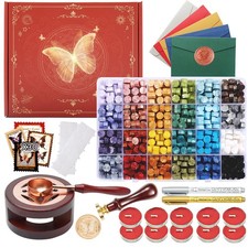 Wax Seal Kit with Gift Box, 630 Pcs 24 Color Beads, Butterfly Stamp, Wax Warmer