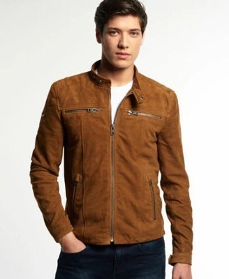 Brown Biker Motorcycle Racer Suede Leather Jacket For Men
