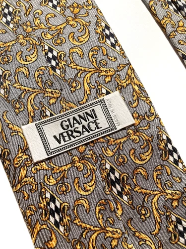 GIANNI VERSACE Vintage '90s Baroque Acanthus Tie Grids Art Nouveau Italy Gray image 17