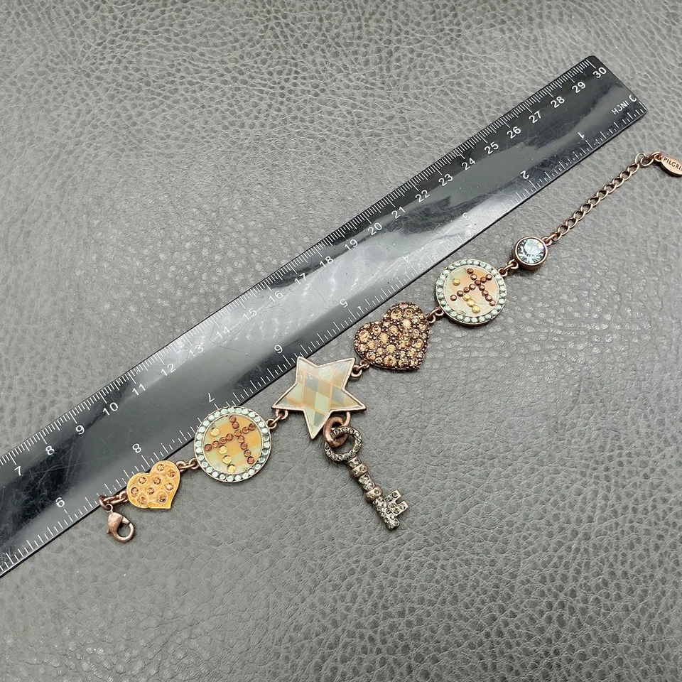 Pilgrim Charm Bracelet Womens Adjustable Copper Tone Rhinestone Heart Star Key - Image 3 of 4